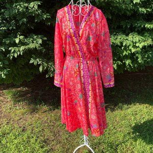 vintage dress 70s | S-M |  coral pink abstract floral  white teal purple